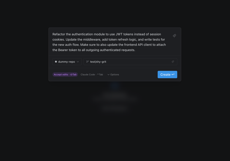 Baton new workspace dialog with task description, auto-generated branch name, and accept edits toggle