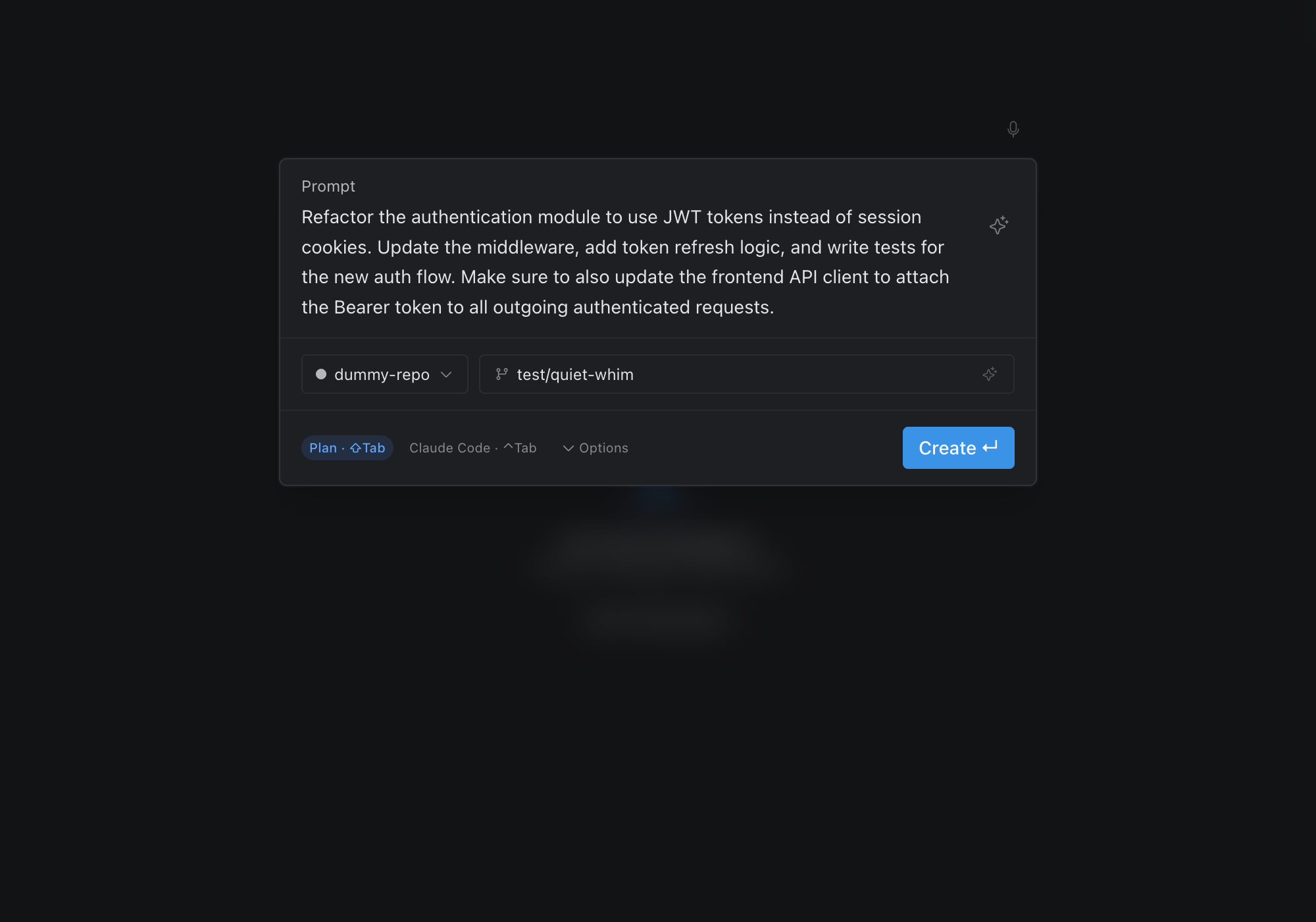 Baton new workspace dialog with task description, auto-generated branch name, and accept edits toggle