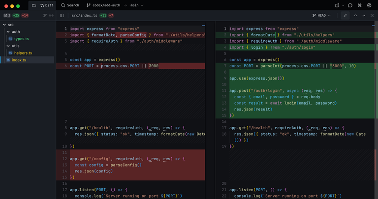 Baton diff viewer showing side-by-side code changes