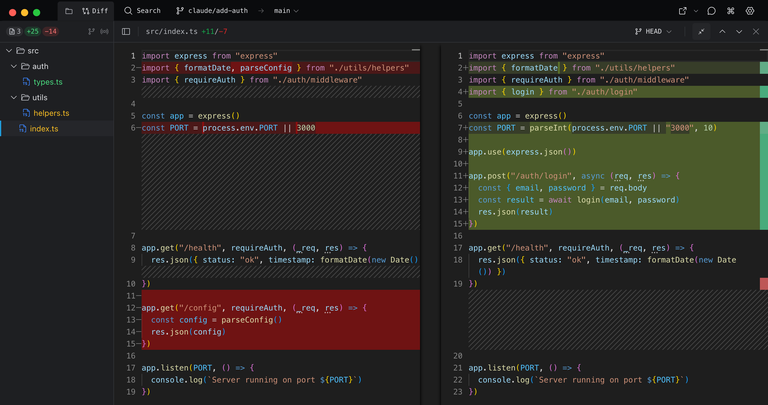 Baton diff viewer showing side-by-side code changes