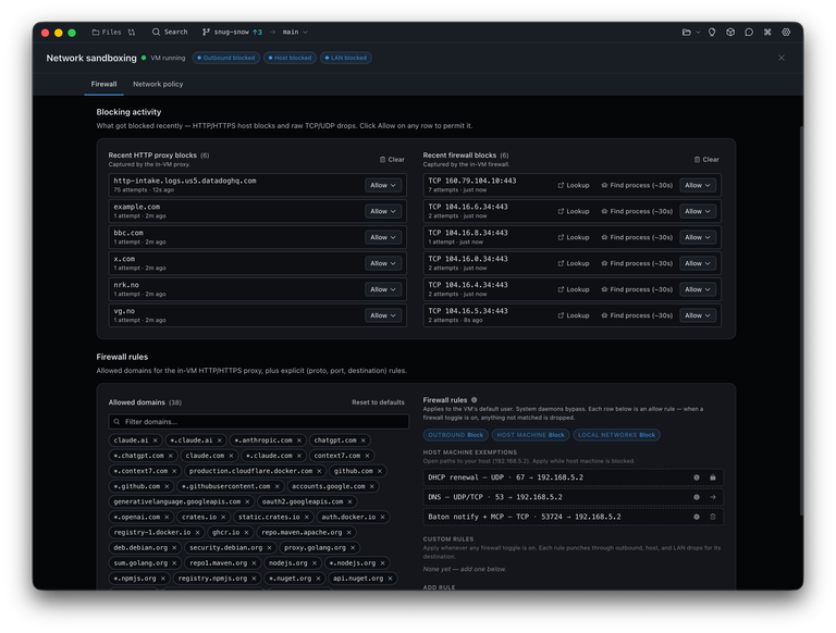 Baton network sandboxing settings showing HTTP proxy blocks, firewall rules, and allowed domains