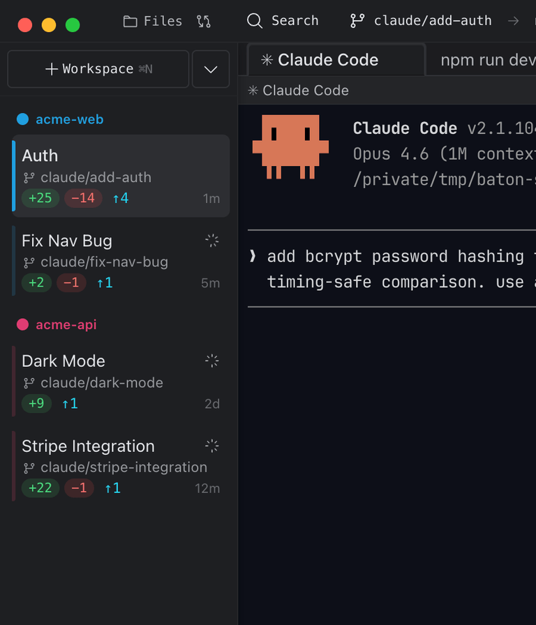 Baton notification badges on workspace cards showing agent status