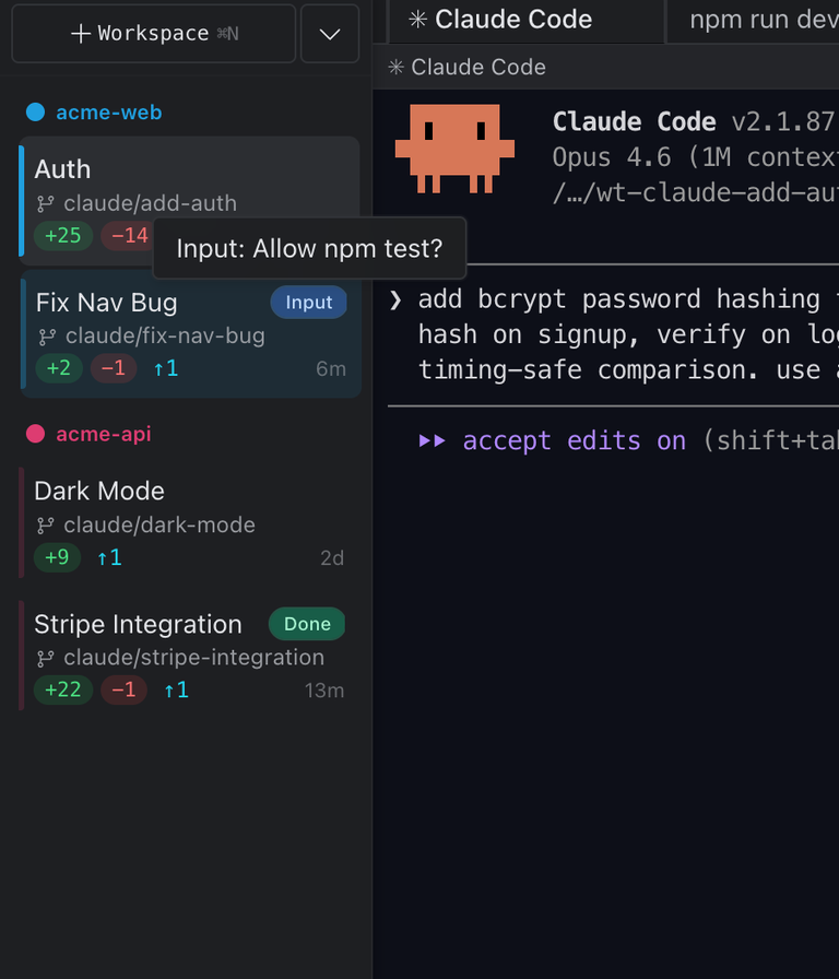 Baton notification badges on workspace cards showing agent status