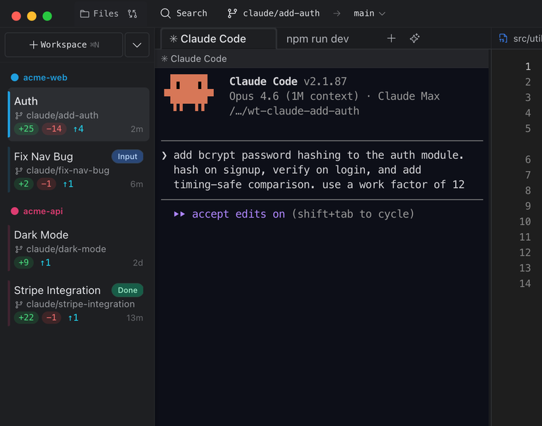 Baton workspace overview with project sidebar and workspace cards