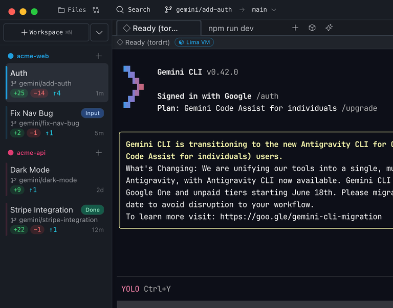 Baton workspace overview with project sidebar and workspace cards